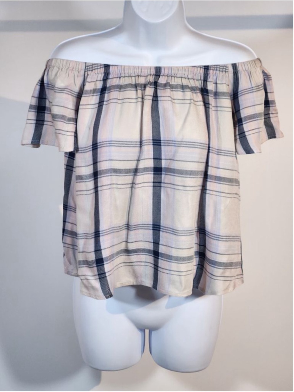 Express Off The Shoulder Plaid Blouse Top Size S Blue White Check Short Sleeve